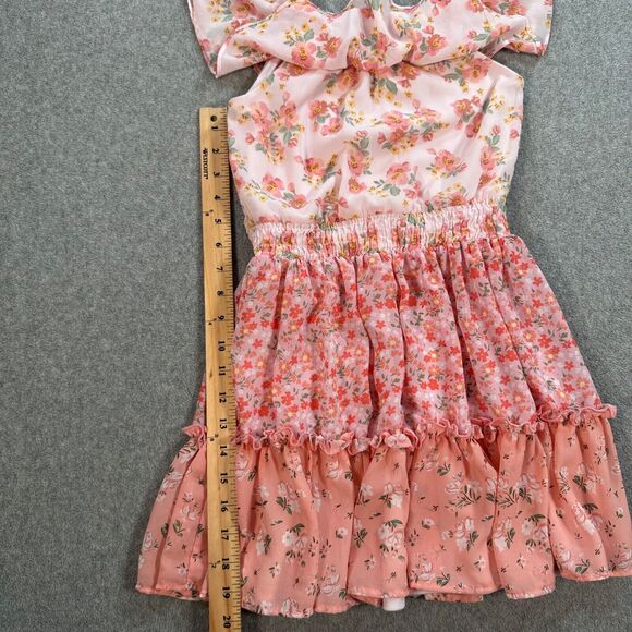 Btween Off Shoulder Dress Girls Size 7 Pink Floral Mixed Print Ruffle Hem Lined - Picture 8 of 9